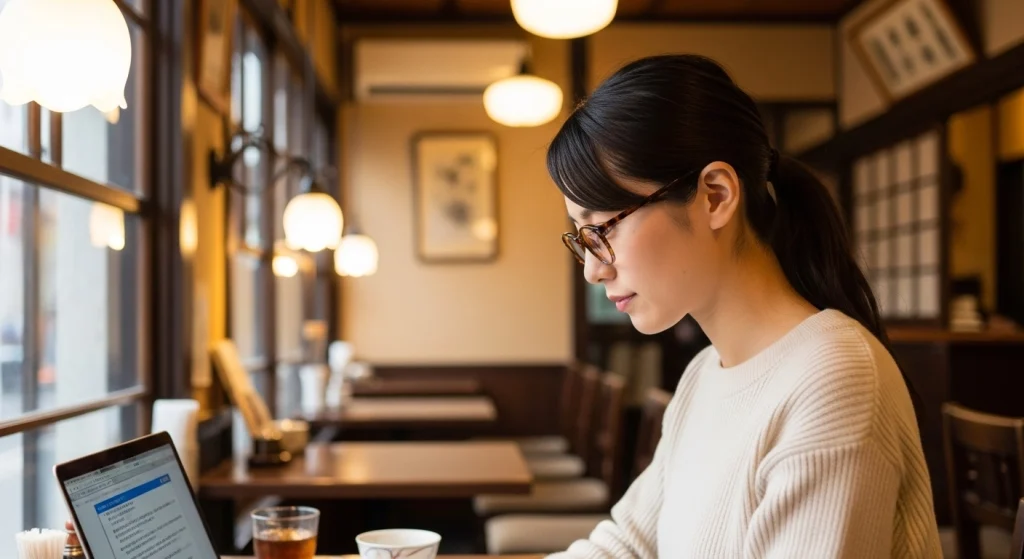 カフェで仕事をする女性