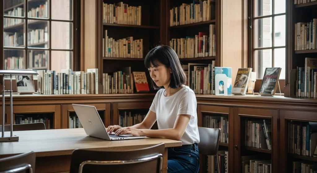 図書館でPC操作をおこなう女性